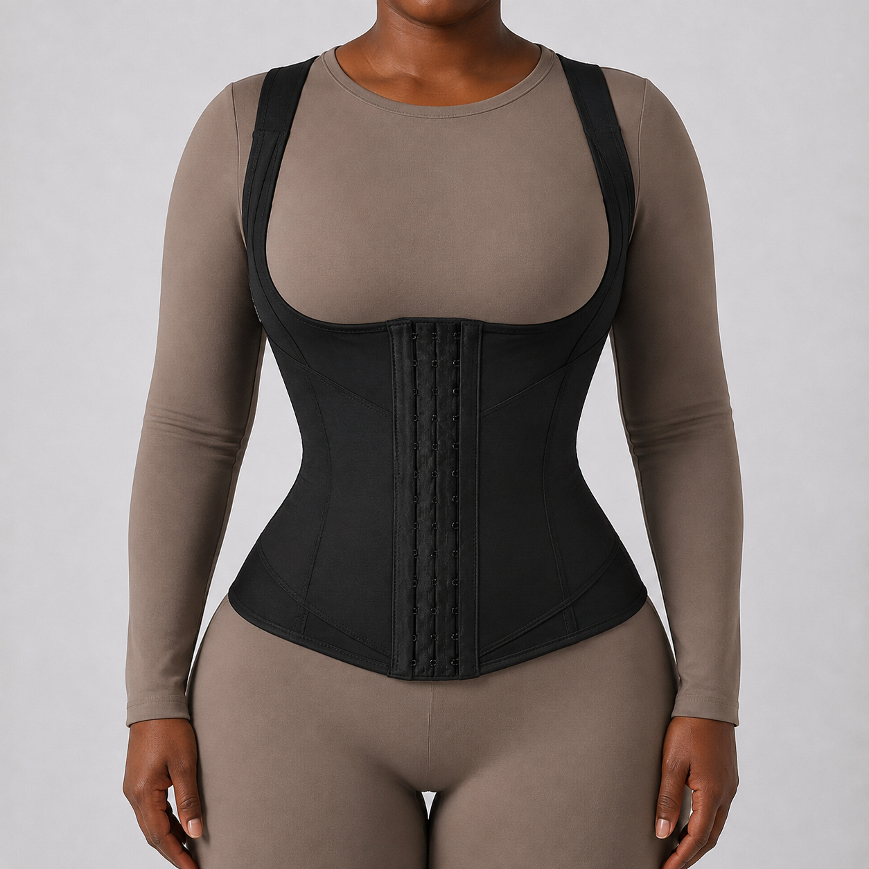 The Sculpt Waist Trainer in black, with shoulder straps and a hook-and-eye front